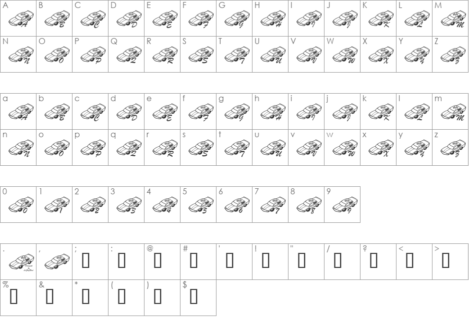 LCR Kylez Nazcar font character map preview