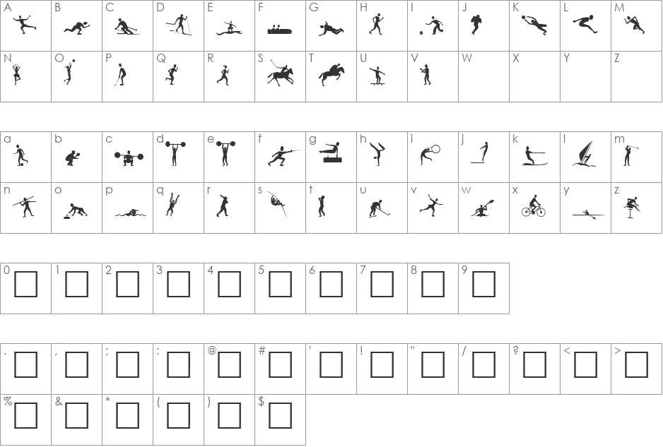 Athletes font character map preview