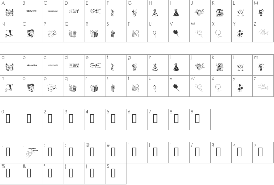 LCR Party Dings font character map preview