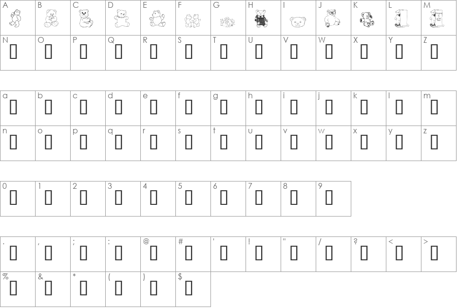 LCR Prestigious Teddies font character map preview