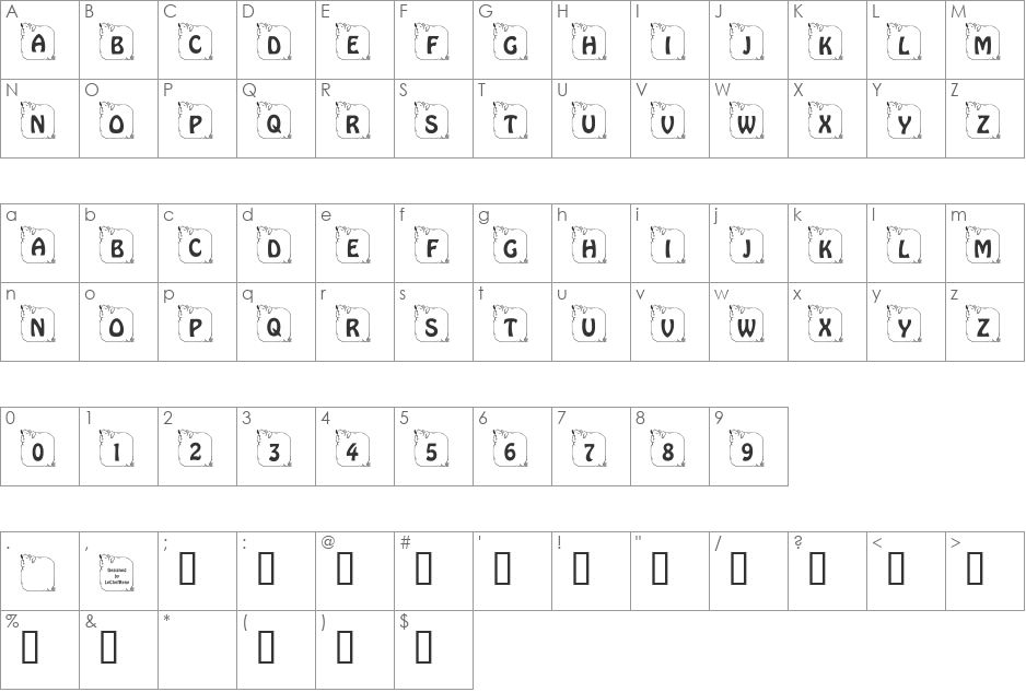 LCR Prissy Pig font character map preview