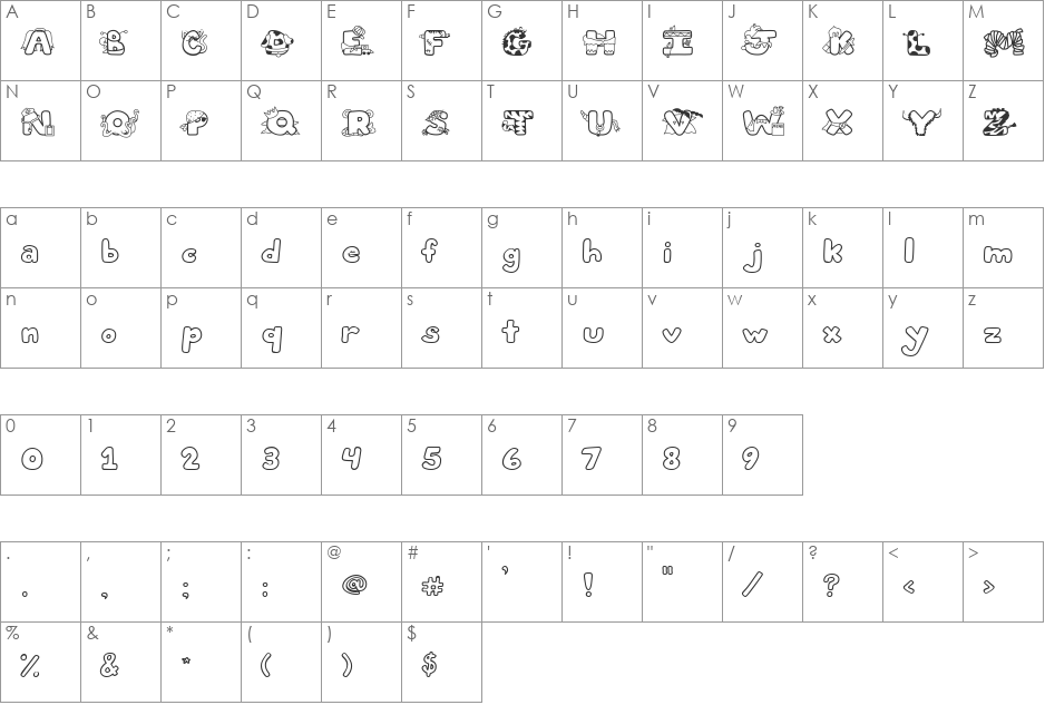 LD Costumes font character map preview
