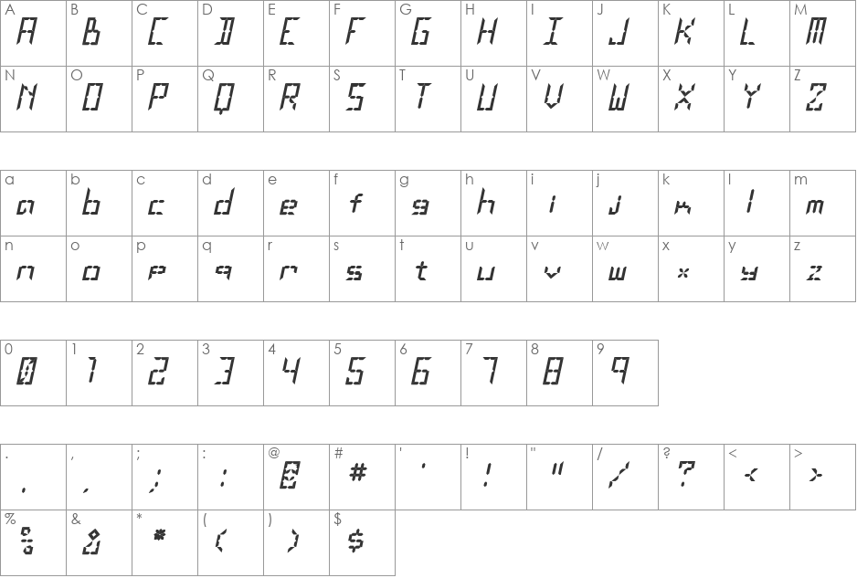 LEaD Lights Italic font character map preview