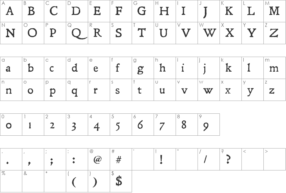 Leander font character map preview