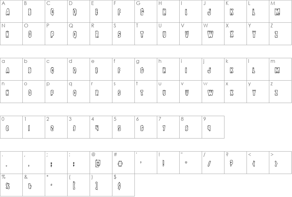 Leatherface Bold Outline font character map preview