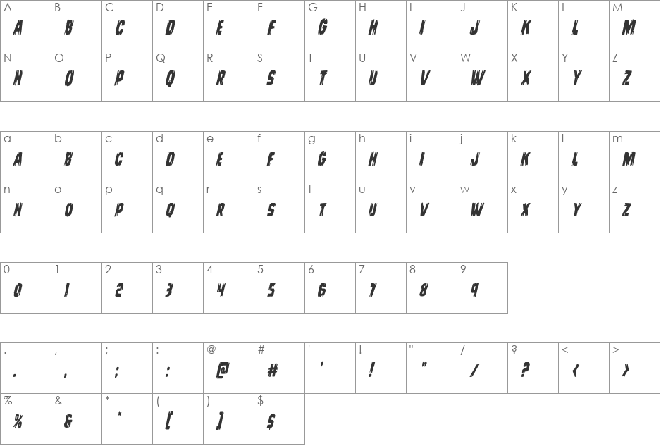 Leatherface Condensed Italic font character map preview
