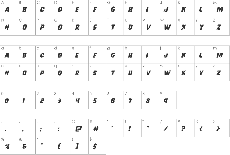 Leatherface Expanded Italic font character map preview