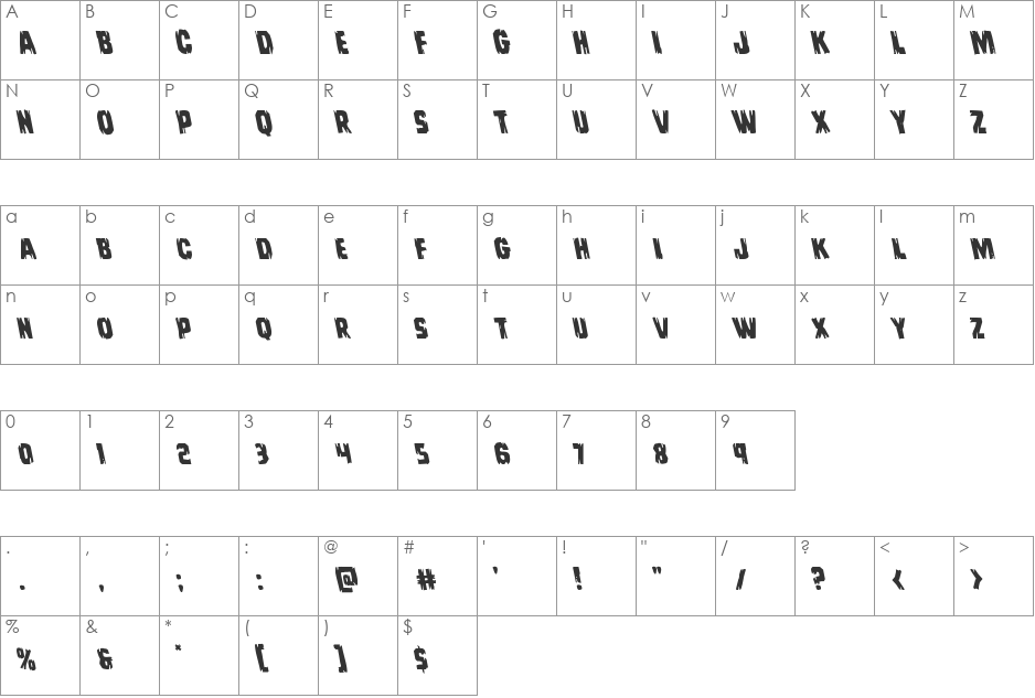 Leatherface Leftalic font character map preview