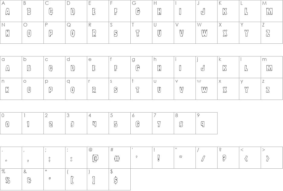 Leatherface Outline font character map preview