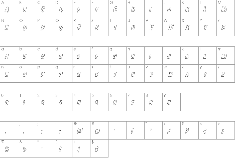 Leatherface Outline Italic font character map preview