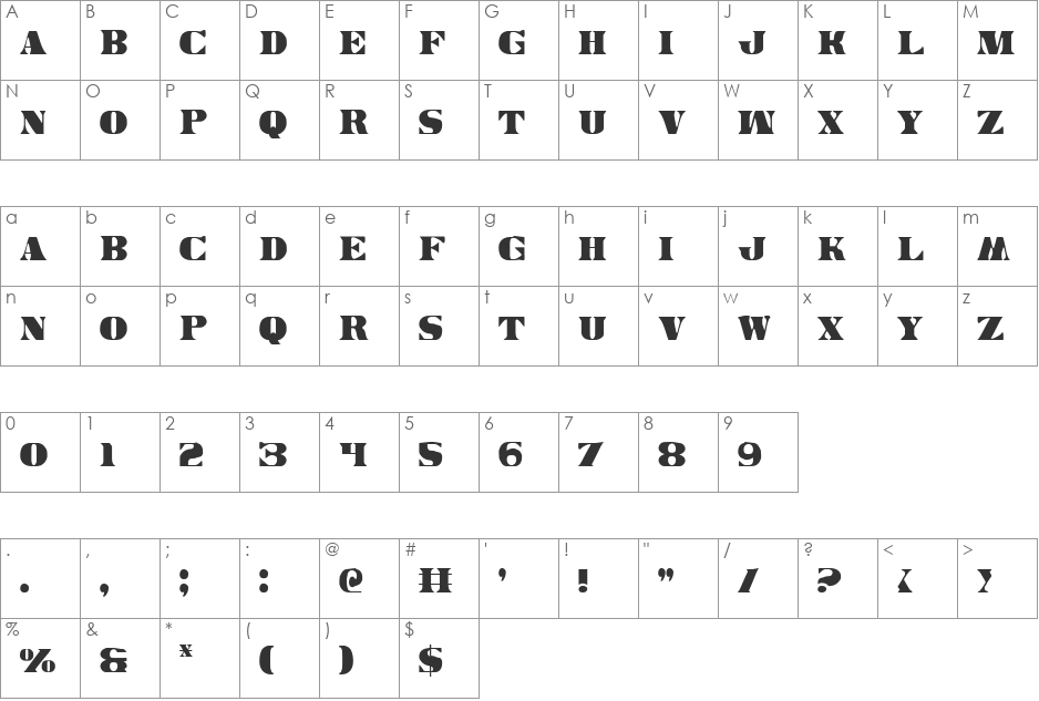 Legal Tender Condensed font character map preview