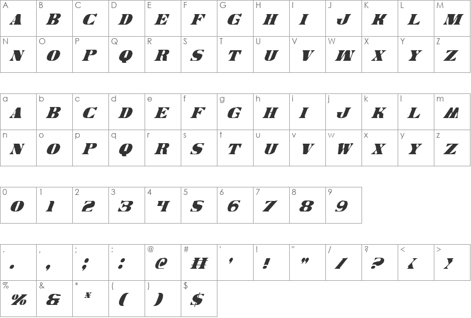 Legal Tender Condensed Italic font character map preview