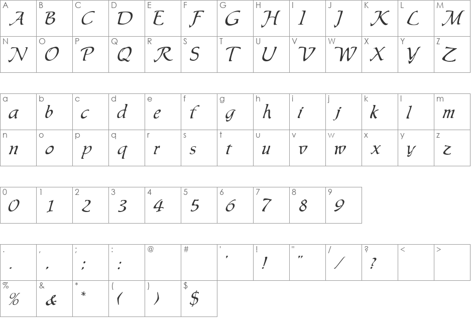 LeisureCaligraphic font character map preview