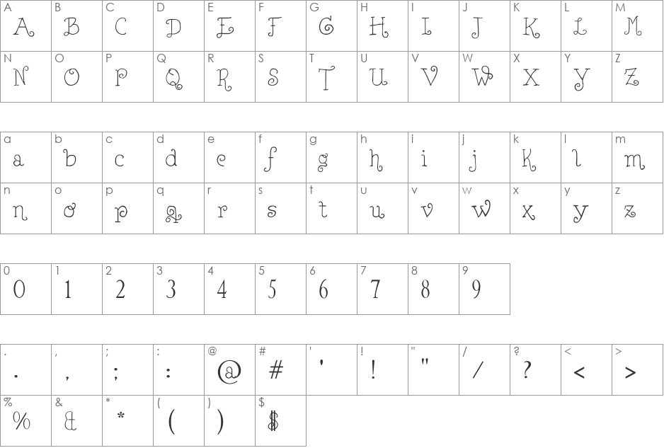 Lejana font character map preview