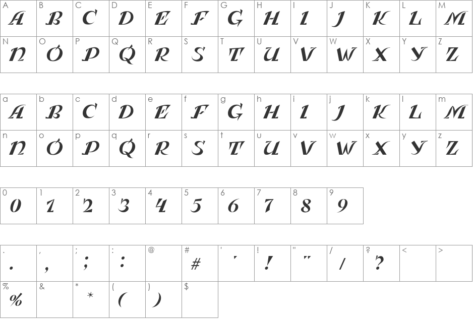 Leningradka Kursiv font character map preview