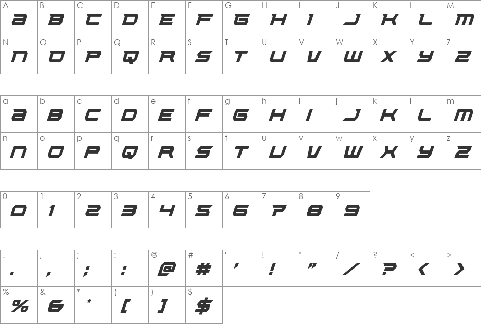 Lethal Force Condensed Italic font character map preview