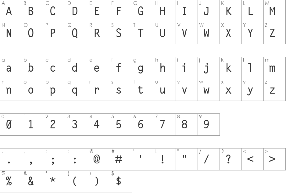 Letter Gothic MT font character map preview