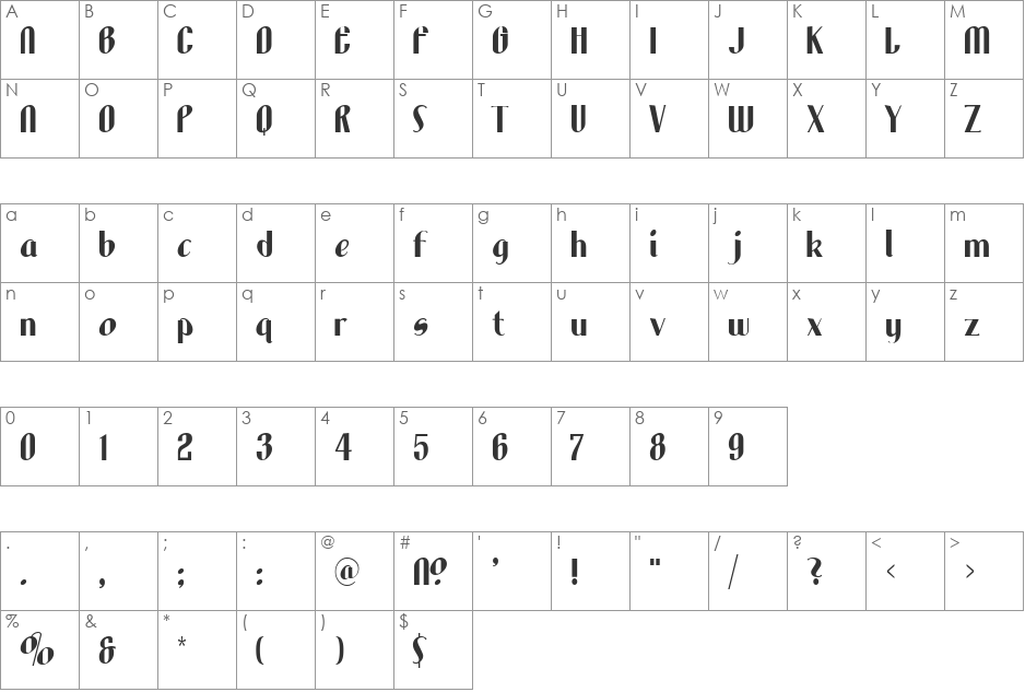 LHF Aristocrat font character map preview