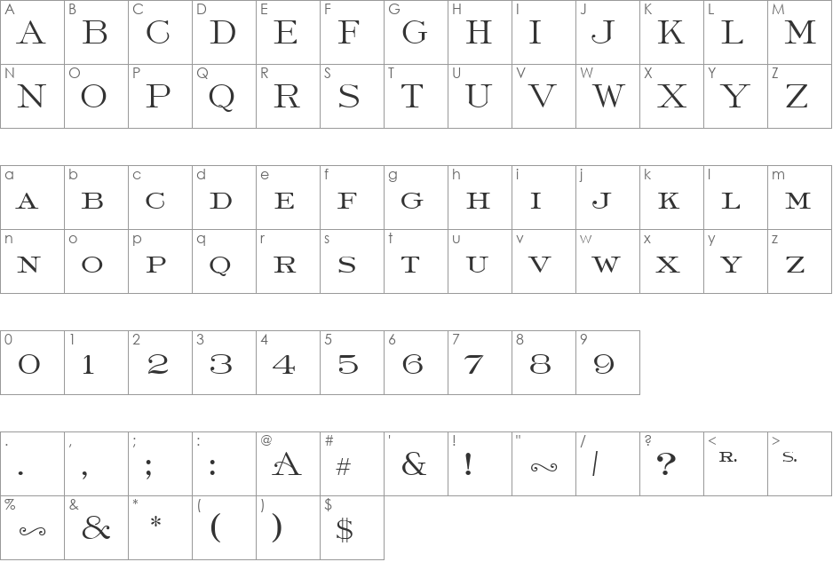 Light Roman font character map preview