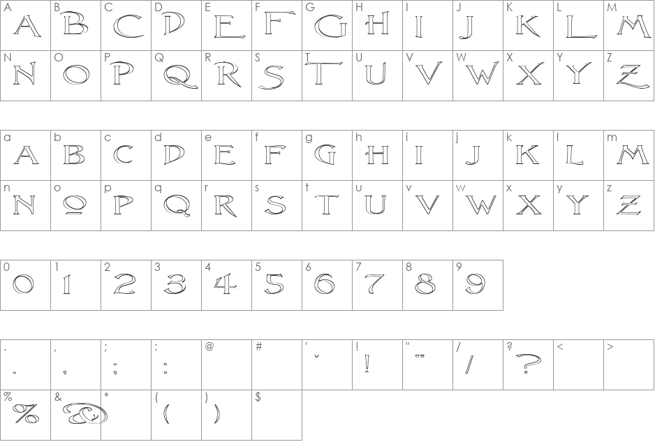 Lightfoot Outline font character map preview