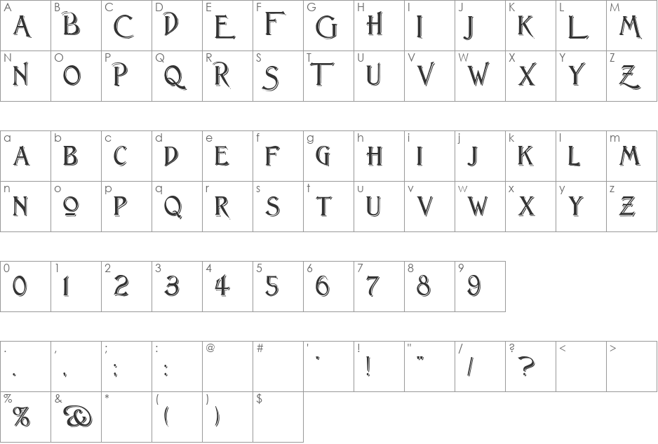 Lightfoot Shadowed font character map preview