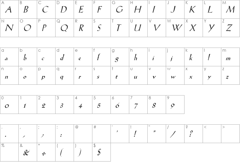Lilith-Italic font character map preview