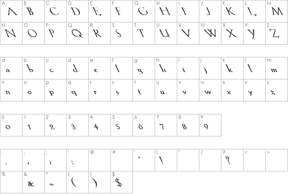 Lilith-Light bOLD Lefty font character map preview