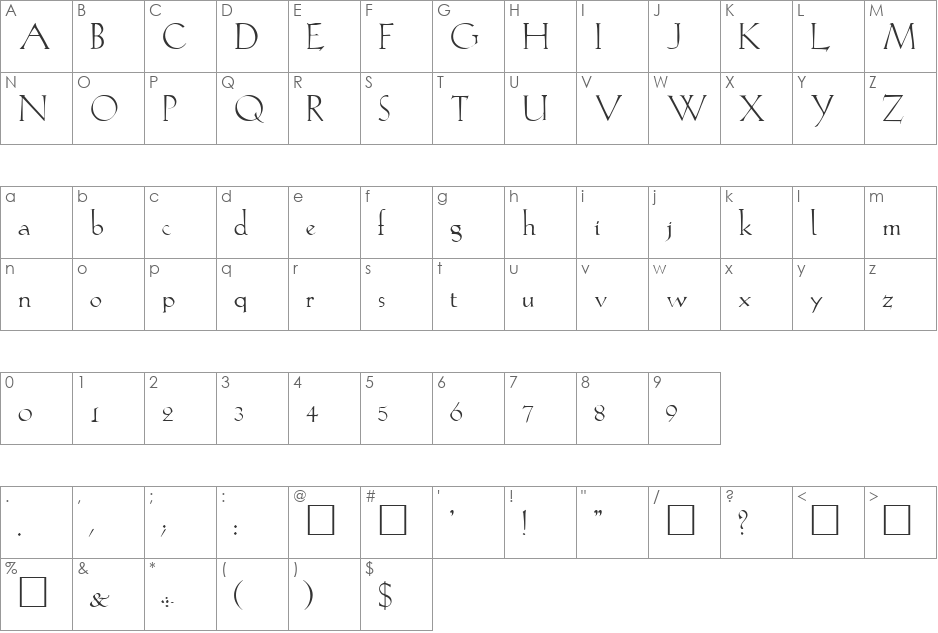 LilithLight font character map preview