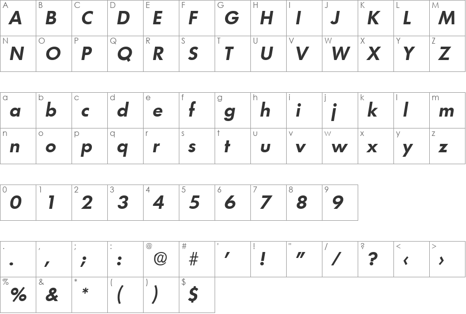 Limerick-DemiBoldIta font character map preview