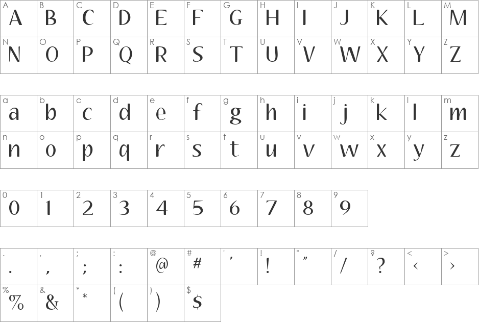 Aubrey font character map preview