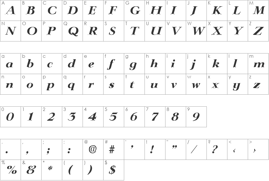 Lingwood-BoldIta font character map preview