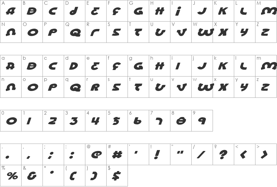 Lionel Expanded Italic font character map preview