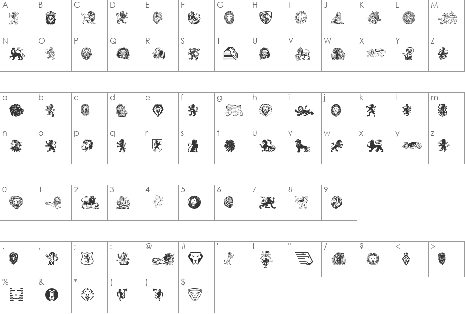 Lions font character map preview