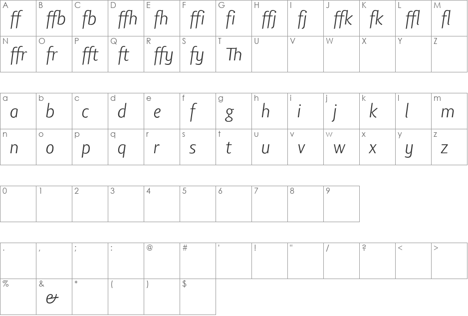 Lisboa Sans Ligatures Light font character map preview