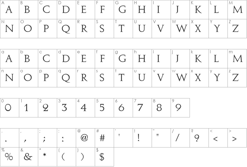 Augustus font character map preview