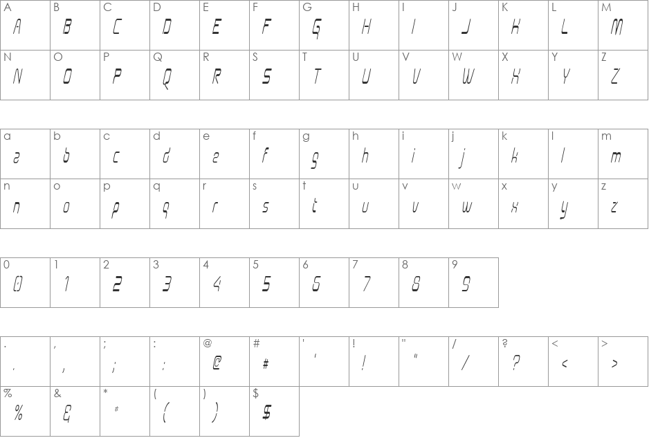 Aunchanted Condense Oblique font character map preview