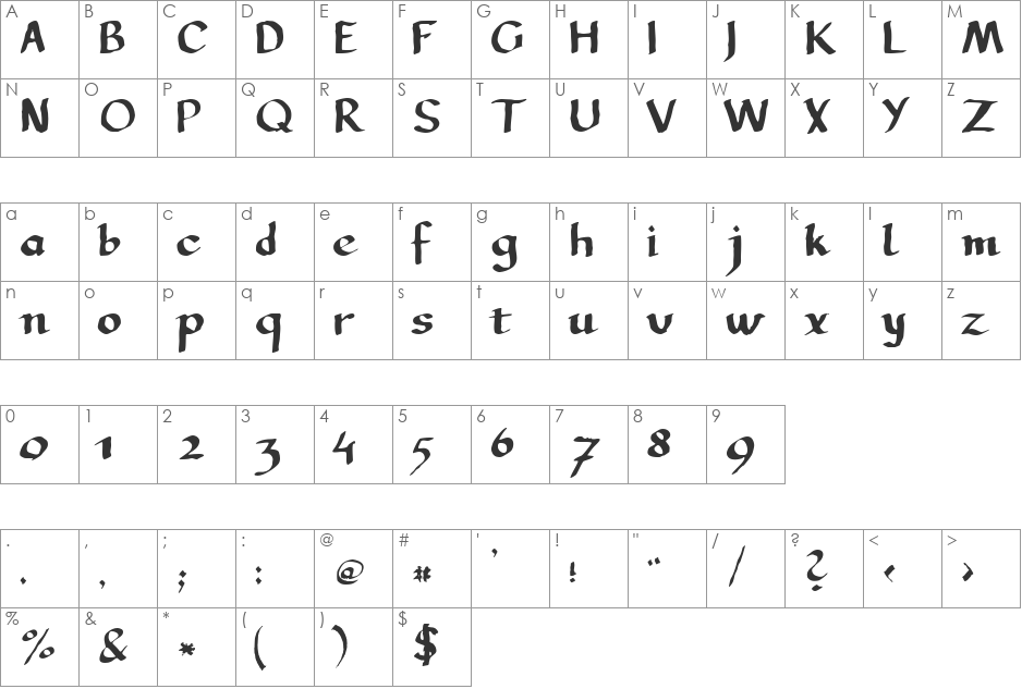 LLCalligraphy font character map preview