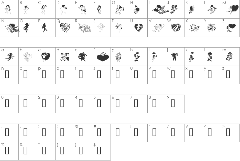 LM Cupids font character map preview