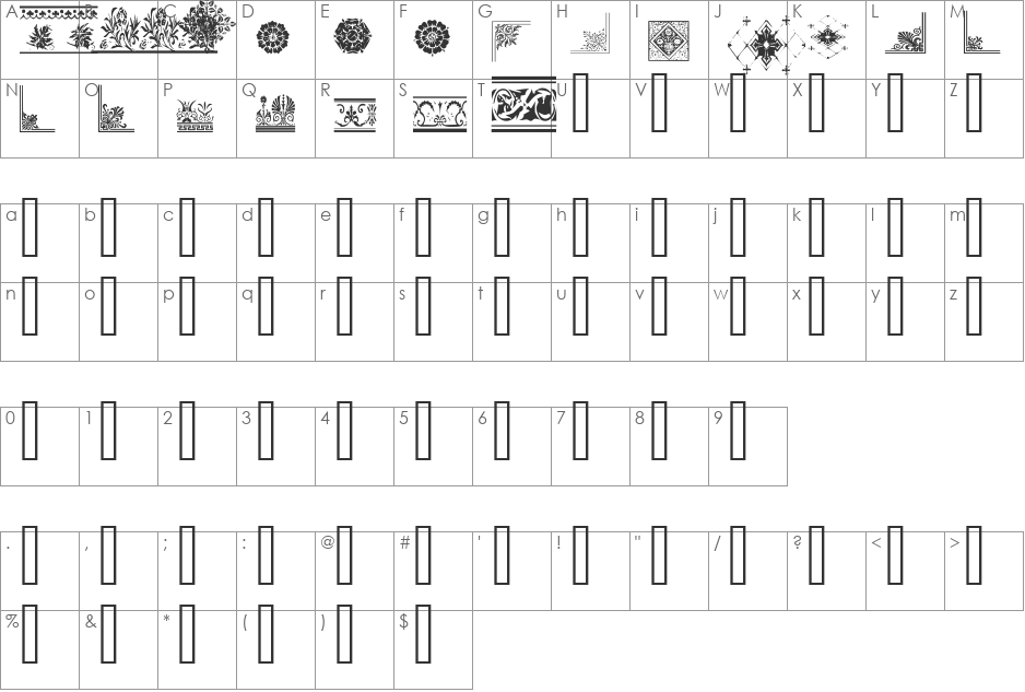 LM Floral Borders font character map preview