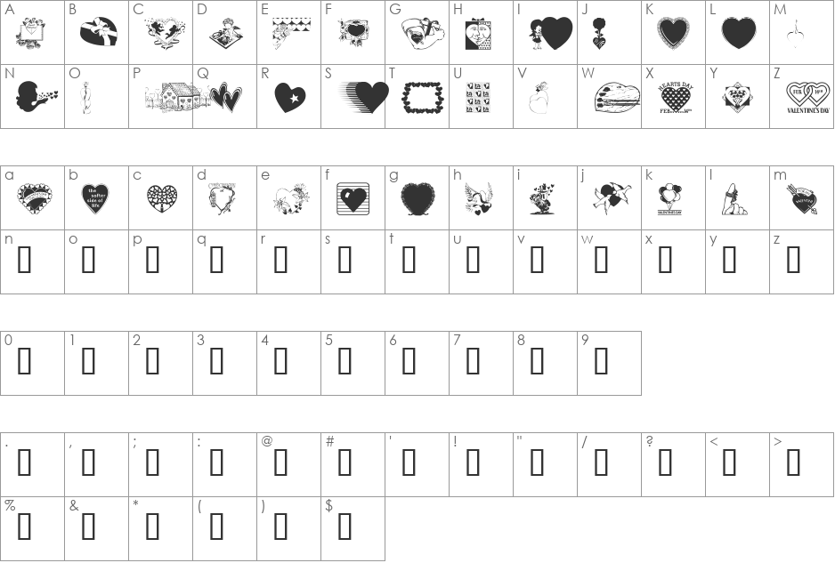 LM Valentines font character map preview