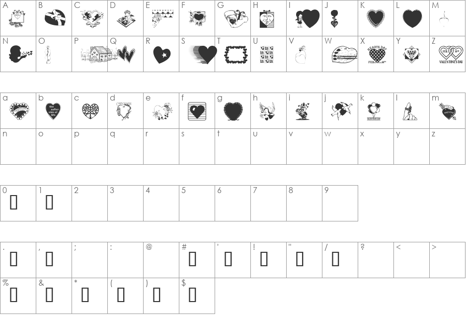 LM Valentines font character map preview