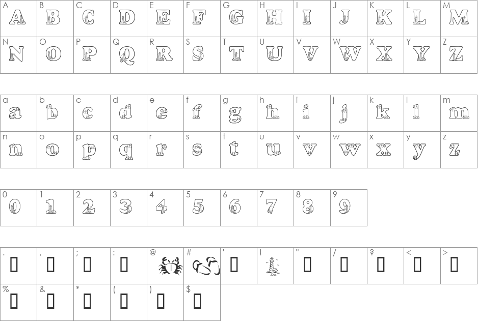 LMS Beach Scrawl font character map preview