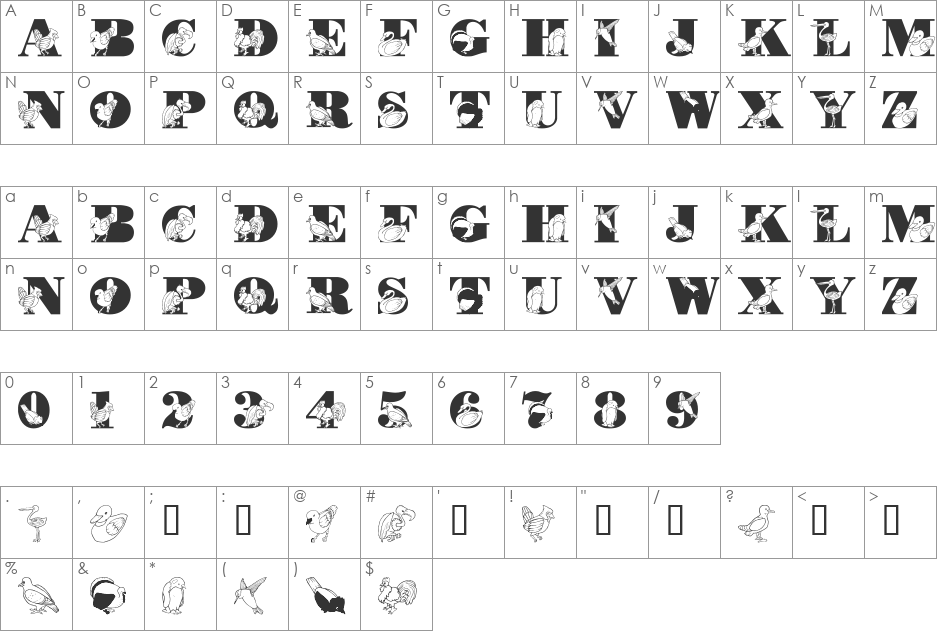 LMS Bird Watching font character map preview