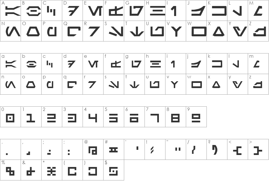 Aurabesh font character map preview