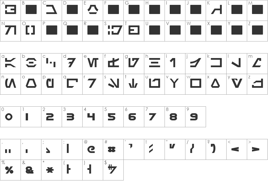 Aurebesh font character map preview