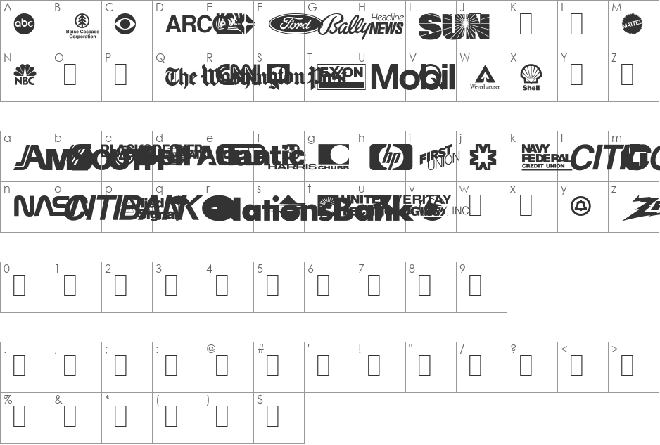 Logos font character map preview