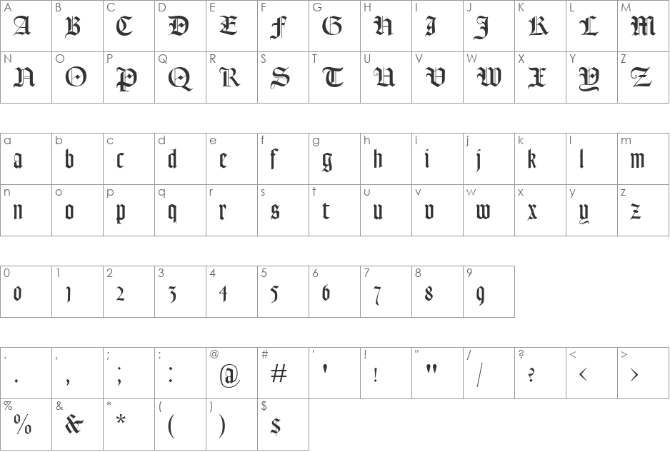 Lohengrin UNZ1 font character map preview