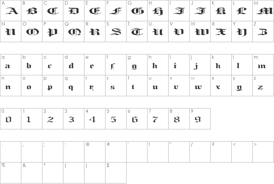 Loosing Memory font character map preview