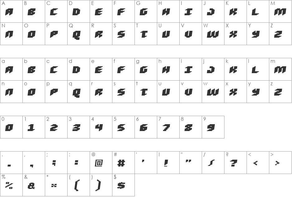 Loud noise Black Skew font character map preview