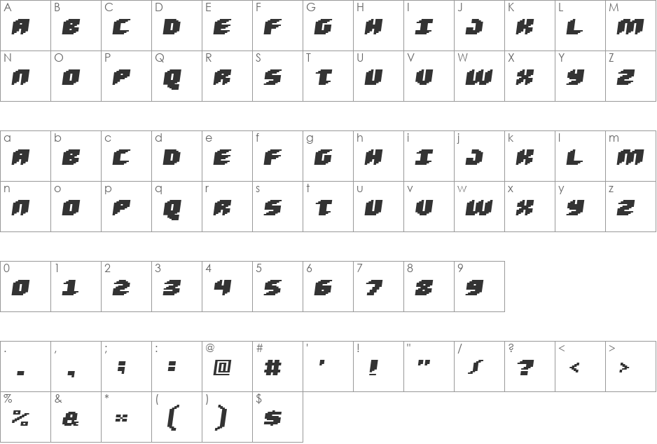 Loud noise Black Skew font character map preview